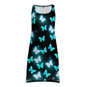 Платье-майка 3D с принтом Бабочки в Екатеринбурге, 100% полиэстер | полуприлегающий силуэт, широкие бретели, круглый вырез горловины, удлиненный подол сзади. | Тематика изображения на принте: бабочка | бабочки | модная | неон | с бабочками | стильная