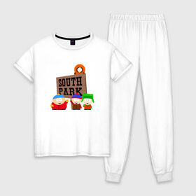 Женская пижама хлопок с принтом South Park в Екатеринбурге, 100% хлопок | брюки и футболка прямого кроя, без карманов, на брюках мягкая резинка на поясе и по низу штанин | park | south | south park | картман | кени | они убили кени | парк | сволочи | южный | южный парк