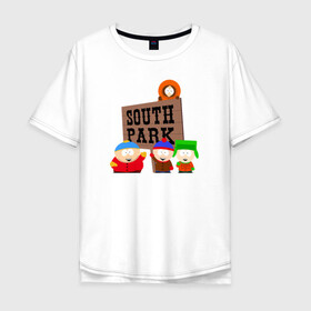 Мужская футболка хлопок Oversize с принтом South Park - персонажи с логотипом в Екатеринбурге, 100% хлопок | свободный крой, круглый ворот, “спинка” длиннее передней части | Тематика изображения на принте: park | south | south park | картман | кени | они убили кени | парк | сволочи | южный | южный парк
