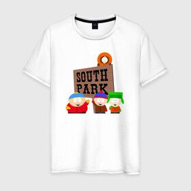 Мужская футболка хлопок с принтом South Park - персонажи с логотипом в Екатеринбурге, 100% хлопок | прямой крой, круглый вырез горловины, длина до линии бедер, слегка спущенное плечо. | Тематика изображения на принте: park | south | south park | картман | кени | они убили кени | парк | сволочи | южный | южный парк