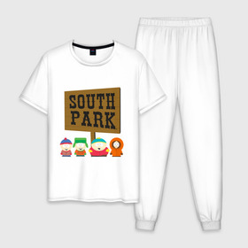 Мужская пижама хлопок с принтом South Park. в Екатеринбурге, 100% хлопок | брюки и футболка прямого кроя, без карманов, на брюках мягкая резинка на поясе и по низу штанин
 | south park | американская культура | американский мультсериал | колорадо | пародия | саус парк | саут парк | черный юмор | четыре мальчика | шоу | южный парк