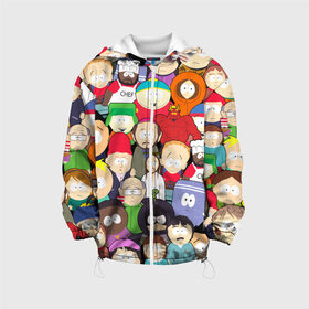 Детская куртка 3D с принтом South Park персонажи в Екатеринбурге, 100% полиэстер | застежка — молния, подол и капюшон оформлены резинкой с фиксаторами, по бокам — два кармана без застежек, один потайной карман на груди, плотность верхнего слоя — 90 г/м2; плотность флисового подклада — 260 г/м2 | Тематика изображения на принте: park | south | south park | брофловски | герои | кайл | картман | кени | марж | они убили кени | парк | персонажи | ренди | рэнди | сволочи | стен | стэнн | южный | южный парк