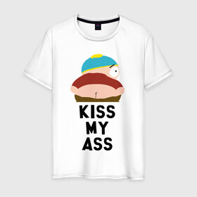 Мужская футболка хлопок с принтом KISS MY ASS в Екатеринбурге, 100% хлопок | прямой крой, круглый вырез горловины, длина до линии бедер, слегка спущенное плечо. | cartman | kenny | park | south | southpark | картман | кенни | мульт | мультик | парк | персонаж | персонажи | сериал | южный