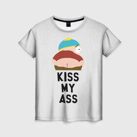 Женская футболка 3D с принтом Kiss My Ass в Екатеринбурге, 100% полиэфир ( синтетическое хлопкоподобное полотно) | прямой крой, круглый вырез горловины, длина до линии бедер | cartman | kenny | park | south | southpark | картман | кенни | мульт | мультик | парк | персонаж | персонажи | сериал | южный