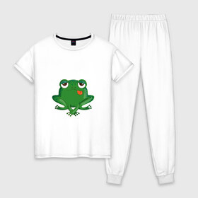 Женская пижама хлопок с принтом Who let the frogs out? в Екатеринбурге, 100% хлопок | брюки и футболка прямого кроя, без карманов, на брюках мягкая резинка на поясе и по низу штанин | жаба | лягушка