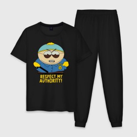 Мужская пижама хлопок с принтом South Park, Эрик Картман в Екатеринбурге, 100% хлопок | брюки и футболка прямого кроя, без карманов, на брюках мягкая резинка на поясе и по низу штанин
 | Тематика изображения на принте: eric cartman | respect my authority | south park | эрик картман | южный парк