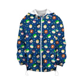 Детская куртка 3D с принтом South Park в Екатеринбурге, 100% полиэстер | застежка — молния, подол и капюшон оформлены резинкой с фиксаторами, по бокам — два кармана без застежек, один потайной карман на груди, плотность верхнего слоя — 90 г/м2; плотность флисового подклада — 260 г/м2 | Тематика изображения на принте: butters | cartman | coon | eric | fracture but whole | kenny | kyle | south park | stan | stick of truth | кайл | картман | кенни | саус парк | стэн | южный парк