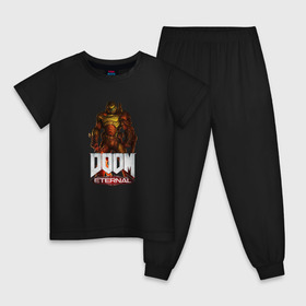 Детская пижама хлопок с принтом DOOM ETERNAL в Екатеринбурге, 100% хлопок |  брюки и футболка прямого кроя, без карманов, на брюках мягкая резинка на поясе и по низу штанин
 | Тематика изображения на принте: demons | devil | doom | doom eternal | doom guy | doom slayer | hell | slayer | ад | демоны | дум | палач рока
