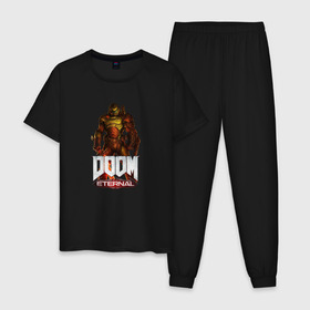 Мужская пижама хлопок с принтом DOOM ETERNAL в Екатеринбурге, 100% хлопок | брюки и футболка прямого кроя, без карманов, на брюках мягкая резинка на поясе и по низу штанин
 | demons | devil | doom | doom eternal | doom guy | doom slayer | hell | slayer | ад | демоны | дум | палач рока