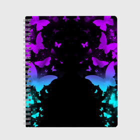 Тетрадь с принтом НЕОНОВЫЕ БАБОЧКИ в Екатеринбурге, 100% бумага | 48 листов, плотность листов — 60 г/м2, плотность картонной обложки — 250 г/м2. Листы скреплены сбоку удобной пружинной спиралью. Уголки страниц и обложки скругленные. Цвет линий — светло-серый
 | abstraction | butterfly | geometry | hexagon | neon | paints | stripes | texture | triangle | абстракция | бабочки | брызги | геометрия | краски | неон | неоновый | соты | текстура