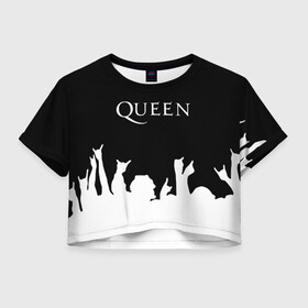 Женская футболка Crop-top 3D с принтом QUEEN  в Екатеринбурге, 100% полиэстер | круглая горловина, длина футболки до линии талии, рукава с отворотами | queen | rock | we will rock you | брайан мэи | группа queen | группа квин | джон дикон | квин | королева | король | роджер тейлор | рок | фредди меркьюри