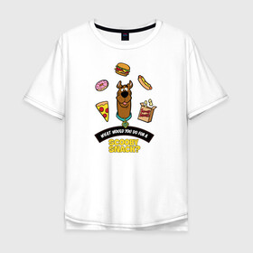 Мужская футболка хлопок Oversize с принтом Scooby Snack в Екатеринбурге, 100% хлопок | свободный крой, круглый ворот, “спинка” длиннее передней части | Тематика изображения на принте: scooby doo | vdosadir | еда | пицца | скуберт фон дуенхеймер | скуби ду | уильям ханна