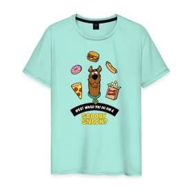 Мужская футболка хлопок с принтом Scooby Snack в Екатеринбурге, 100% хлопок | прямой крой, круглый вырез горловины, длина до линии бедер, слегка спущенное плечо. | scooby doo | vdosadir | еда | пицца | скуберт фон дуенхеймер | скуби ду | уильям ханна