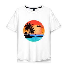 Мужская футболка хлопок Oversize с принтом Закат на море в Екатеринбурге, 100% хлопок | свободный крой, круглый ворот, “спинка” длиннее передней части | закат | лодка | море | океан | отдых | отпуск | пальма | птицы | самолет | солнце | яркая
