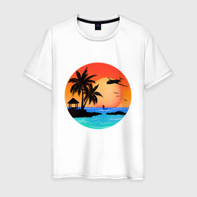 Мужская футболка хлопок с принтом Закат на море в Екатеринбурге, 100% хлопок | прямой крой, круглый вырез горловины, длина до линии бедер, слегка спущенное плечо. | закат | лодка | море | океан | отдых | отпуск | пальма | птицы | самолет | солнце | яркая