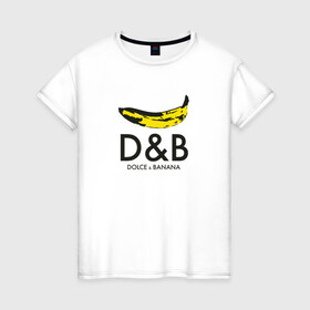 Женская футболка хлопок с принтом Dolce and Banana в Екатеринбурге, 100% хлопок | прямой крой, круглый вырез горловины, длина до линии бедер, слегка спущенное плечо | banan | banana | dg | dolce banana | dolce gabana | dolce gabbana | антибренд | банан | бананы | гнилой | дольче габана | дольче габбана | крутая | модная | пародия | прикол | тренд