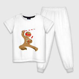 Детская пижама хлопок с принтом Пряничный ниндзя в Екатеринбурге, 100% хлопок |  брюки и футболка прямого кроя, без карманов, на брюках мягкая резинка на поясе и по низу штанин
 | Тематика изображения на принте: айкидо | кунг фу | ниндзя | пряничный человечек