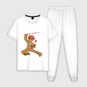 Мужская пижама хлопок с принтом Пряничный ниндзя в Екатеринбурге, 100% хлопок | брюки и футболка прямого кроя, без карманов, на брюках мягкая резинка на поясе и по низу штанин
 | айкидо | кунг фу | ниндзя | пряничный человечек