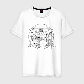 Мужская футболка хлопок с принтом Витрувианский барабанщик в Екатеринбурге, 100% хлопок | прямой крой, круглый вырез горловины, длина до линии бедер, слегка спущенное плечо. | барабанщик | витрувианский человек | да винчи | рок | ударные