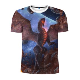 Мужская футболка 3D спортивная с принтом SPACE FIRE DRAGO в Екатеринбурге, 100% полиэстер с улучшенными характеристиками | приталенный силуэт, круглая горловина, широкие плечи, сужается к линии бедра | dragon | fire | monster | space | драго | дракон | космический | космос | монстр | огнедыщащий | огонь | прикольная картинка | чудовище | ящерица