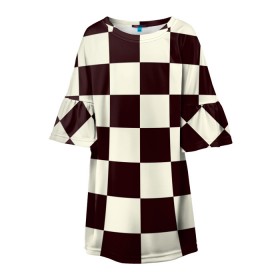 Детское платье 3D с принтом Шахматка в Екатеринбурге, 100% полиэстер | прямой силуэт, чуть расширенный к низу. Круглая горловина, на рукавах — воланы | Тематика изображения на принте: квадраты | текстуры | узор шахматка | узоры | чб | чб квадраты | чб узор | шахматка | шахматная доска | шахматы