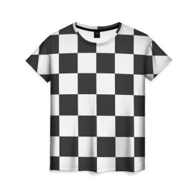 Женская футболка 3D с принтом Шахматка в Екатеринбурге, 100% полиэфир ( синтетическое хлопкоподобное полотно) | прямой крой, круглый вырез горловины, длина до линии бедер | Тематика изображения на принте: квадраты | текстуры | узор шахматка | узоры | чб | чб квадраты | чб узор | шахматка | шахматная доска | шахматы