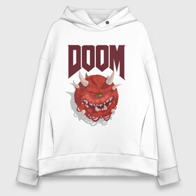 Женское худи Oversize хлопок с принтом DOOM в Екатеринбурге, френч-терри — 70% хлопок, 30% полиэстер. Мягкий теплый начес внутри —100% хлопок | боковые карманы, эластичные манжеты и нижняя кромка, капюшон на магнитной кнопке | demons | devil | doom | doom eternal | doom slayer | hell | slayer | ад | демоны | дум