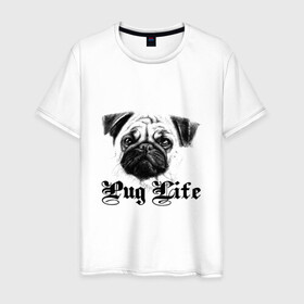 Мужская футболка хлопок с принтом Pug life в Екатеринбурге, 100% хлопок | прямой крой, круглый вырез горловины, длина до линии бедер, слегка спущенное плечо. | Тематика изображения на принте: pug life | арт | животные | мопс | собака | собачья жизнь