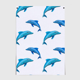Постер с принтом Рай для дельфина в Екатеринбурге, 100% бумага
 | бумага, плотность 150 мг. Матовая, но за счет высокого коэффициента гладкости имеет небольшой блеск и дает на свету блики, но в отличии от глянцевой бумаги не покрыта лаком | Тематика изображения на принте: арт | дельфин | дельфины | искусство | морское | океан | паттерн | рыба | рыбы