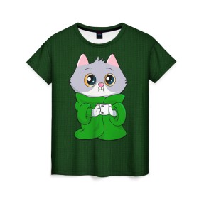 Женская футболка 3D с принтом На карантине в Екатеринбурге, 100% полиэфир ( синтетическое хлопкоподобное полотно) | прямой крой, круглый вырез горловины, длина до линии бедер | cat | в пледе | дома | карантин | кот | кот в пледе | котенок | котик | на карантине | сберкот | сберкот с кружкой | сидим дома | сижу дома | стикер