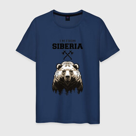 Мужская футболка хлопок с принтом Сибирь в Екатеринбурге, 100% хлопок | прямой крой, круглый вырез горловины, длина до линии бедер, слегка спущенное плечо. | Тематика изображения на принте: siberia | лес | медведь | русский мишка | сибирь | сибиряк | тайга | топоры