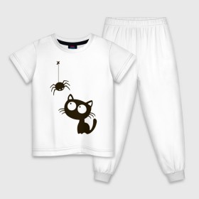 Детская пижама хлопок с принтом Котик и паучек в Екатеринбурге, 100% хлопок |  брюки и футболка прямого кроя, без карманов, на брюках мягкая резинка на поясе и по низу штанин
 | Тематика изображения на принте: высказывание | идея | котик | манера | мемы | паук | разные | рисунок | символ