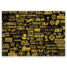 Поздравительная открытка с принтом Логотипы рок групп GOLD в Екатеринбурге, 100% бумага | плотность бумаги 280 г/м2, матовая, на обратной стороне линовка и место для марки
 | ac dc | deep purple | him | hollywood undead | iron maiden | kiss | limp bizkit | linkin park | louna | manowar | metallica | rammstein | slipknot | thirty seconds to mars | алиса | групп | логотипы | луна | рок