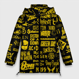 Женская зимняя куртка 3D с принтом Логотипы рок групп GOLD в Екатеринбурге, верх — 100% полиэстер; подкладка — 100% полиэстер; утеплитель — 100% полиэстер | длина ниже бедра, силуэт Оверсайз. Есть воротник-стойка, отстегивающийся капюшон и ветрозащитная планка. 

Боковые карманы с листочкой на кнопках и внутренний карман на молнии | ac dc | deep purple | him | hollywood undead | iron maiden | kiss | limp bizkit | linkin park | louna | manowar | metallica | rammstein | slipknot | thirty seconds to mars | алиса | групп | логотипы | луна | рок
