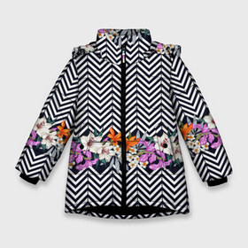 Зимняя куртка для девочек 3D с принтом тропически цветы с орнаментом в Екатеринбурге, ткань верха — 100% полиэстер; подклад — 100% полиэстер, утеплитель — 100% полиэстер. | длина ниже бедра, удлиненная спинка, воротник стойка и отстегивающийся капюшон. Есть боковые карманы с листочкой на кнопках, утяжки по низу изделия и внутренний карман на молнии. 

Предусмотрены светоотражающий принт на спинке, радужный светоотражающий элемент на пуллере молнии и на резинке для утяжки. | casual | summer | летние | лето | пляжное | тренд | тропики