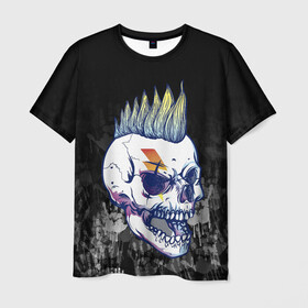 Мужская футболка 3D с принтом Череп с ирокезы в Екатеринбурге, 100% полиэфир | прямой крой, круглый вырез горловины, длина до линии бедер | Тематика изображения на принте: pank | rock | skull | ирокез | модная | модный | музыка | панк | рок | рокер | скелет | череп