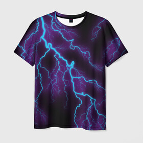 Мужская футболка 3D с принтом МОЛНИЯ  в Екатеринбурге, 100% полиэфир | прямой крой, круглый вырез горловины, длина до линии бедер | гроза | гром | молния | небо | неон | неоновый | ночь | природа | разряд | текстура | ток | электричество | яркий