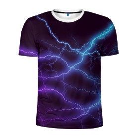 Мужская футболка 3D спортивная с принтом МОЛНИЯ в Екатеринбурге, 100% полиэстер с улучшенными характеристиками | приталенный силуэт, круглая горловина, широкие плечи, сужается к линии бедра | гроза | гром | молния | небо | неон | неоновый | ночь | природа | разряд | текстура | ток | электричество | яркий