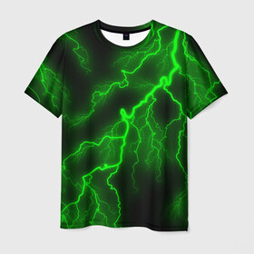 Мужская футболка 3D с принтом МОЛНИЯ GREEN NEON в Екатеринбурге, 100% полиэфир | прямой крой, круглый вырез горловины, длина до линии бедер | Тематика изображения на принте: гроза | гром | молния | небо | неон | неоновый | ночь | природа | разряд | текстура | ток | электричество | яркий