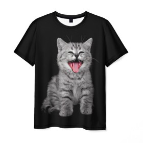 Мужская футболка 3D с принтом Кричащий кот. в Екатеринбурге, 100% полиэфир | прямой крой, круглый вырез горловины, длина до линии бедер | Тематика изображения на принте: животные | звери | зевающий кот | кися | кот | котенок | котики | коты | кричащий кот | минимализм | питомцы | прикольные картинки