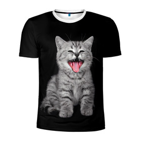 Мужская футболка 3D спортивная с принтом Кричащий кот. в Екатеринбурге, 100% полиэстер с улучшенными характеристиками | приталенный силуэт, круглая горловина, широкие плечи, сужается к линии бедра | Тематика изображения на принте: животные | звери | зевающий кот | кися | кот | котенок | котики | коты | кричащий кот | минимализм | питомцы | прикольные картинки