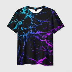 Мужская футболка 3D с принтом МРАМОР NEON в Екатеринбурге, 100% полиэфир | прямой крой, круглый вырез горловины, длина до линии бедер | neon | мрамор | неон | полосы | текстура | трещины | фиолетовый | цветной | яркий