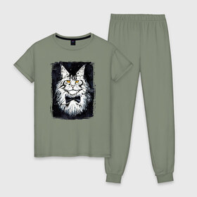 Женская пижама хлопок с принтом Hello kittys! в Екатеринбурге, 100% хлопок | брюки и футболка прямого кроя, без карманов, на брюках мягкая резинка на поясе и по низу штанин | Тематика изображения на принте: акварельный | арт | галстук бабочка | глаза | кот | коты | котяра | кошка | крутая рисунок | мейнкун | мейнкуны | мех | мэйн кун | портрет | рисованный | скетч | стильная | чёрный
