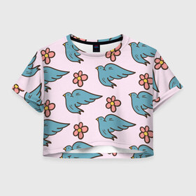 Женская футболка Crop-top 3D с принтом Стайка птиц в Екатеринбурге, 100% полиэстер | круглая горловина, длина футболки до линии талии, рукава с отворотами | art | bird | арт | искусство | птица | птицы | цветок | цветы