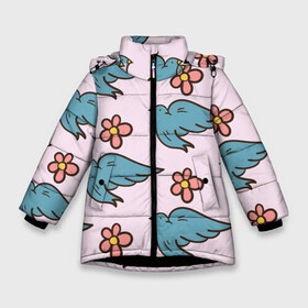 Зимняя куртка для девочек 3D с принтом Стайка птиц в Екатеринбурге, ткань верха — 100% полиэстер; подклад — 100% полиэстер, утеплитель — 100% полиэстер. | длина ниже бедра, удлиненная спинка, воротник стойка и отстегивающийся капюшон. Есть боковые карманы с листочкой на кнопках, утяжки по низу изделия и внутренний карман на молнии. 

Предусмотрены светоотражающий принт на спинке, радужный светоотражающий элемент на пуллере молнии и на резинке для утяжки. | art | bird | арт | искусство | птица | птицы | цветок | цветы
