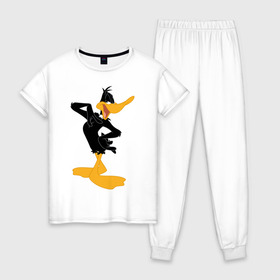 Женская пижама хлопок с принтом Даффи Дак в Екатеринбурге, 100% хлопок | брюки и футболка прямого кроя, без карманов, на брюках мягкая резинка на поясе и по низу штанин | daffy duck | looney tunes | vdzabma | даффи дак | луни тюнз