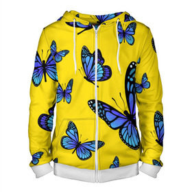 Мужская толстовка 3D на молнии с принтом БАБОЧКИ в Екатеринбурге, 100% полиэстер | длина до линии бедра, манжеты и пояс оформлены мягкой тканевой резинкой, двухслойный капюшон со шнурком для регулировки, спереди молния, по бокам два кармана | animals | blue | butterflies | game | insects | life is strange | moth | wings | бабочки | животные | игра | крылья | мотылек | насекомые