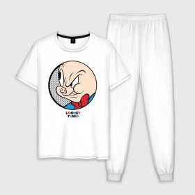 Мужская пижама хлопок с принтом Porky Pig в Екатеринбурге, 100% хлопок | брюки и футболка прямого кроя, без карманов, на брюках мягкая резинка на поясе и по низу штанин
 | looney tunes | porky pig | vdzabma | луни тюнз | порки пиг | поросенок порки