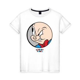 Женская футболка хлопок с принтом Porky Pig в Екатеринбурге, 100% хлопок | прямой крой, круглый вырез горловины, длина до линии бедер, слегка спущенное плечо | looney tunes | porky pig | vdzabma | луни тюнз | порки пиг | поросенок порки