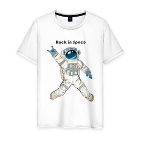 Мужская футболка хлопок с принтом Rock in Space в Екатеринбурге, 100% хлопок | прямой крой, круглый вырез горловины, длина до линии бедер, слегка спущенное плечо. | cosmonaut | rock | rock n roll | space | космонавт | космос | рок